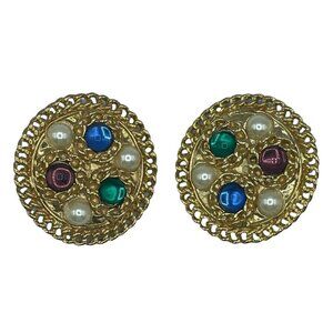 VTG Gold Pearl Jeweled Costume Jewelry Button Clip-On Earrings